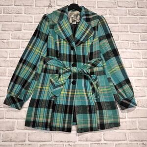Mac & Jac Plaid Wool Blend Jacket Women's S Turquoise Y2K